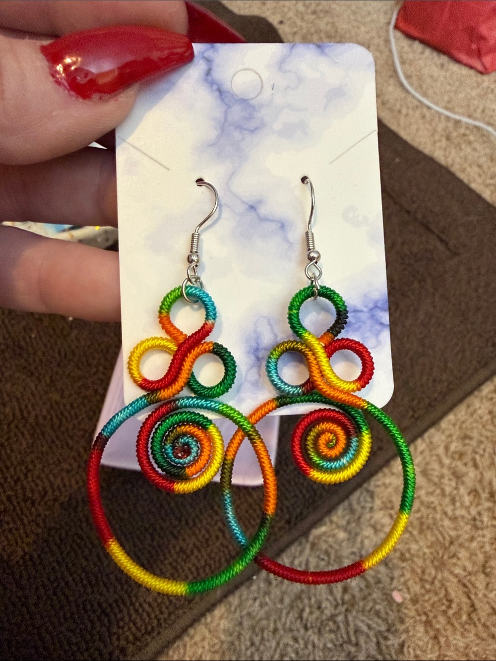 Multicolor Spiral Loop Drop Earrings - Rainbow Thread Wrapped Hoops